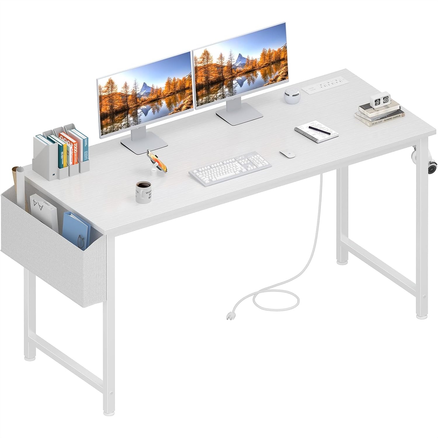 Home Office Work Table - White Computer Desk with Power Outlet,