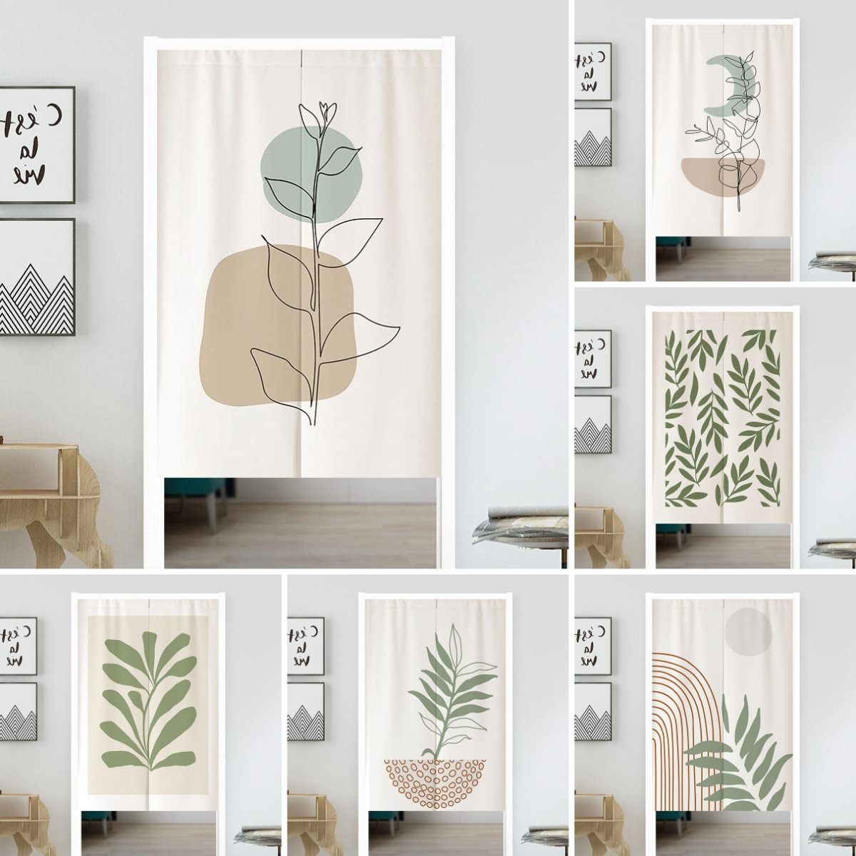 Home Office Japandi - VIKAMA Boho Green Leaf Print Noren
